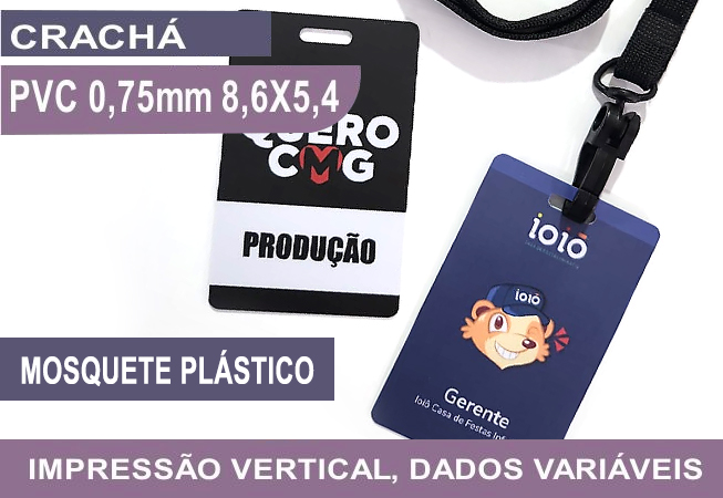 Credencial Crachá 54x86mm, Cordão Mosquete Plástico.